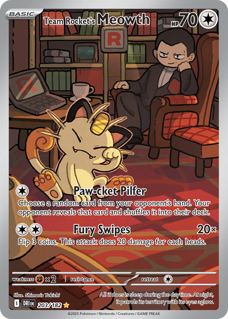 Team Rocket's Meowth 203/182 Illustration Rare Destined Rivals Pokemon Near Mint
