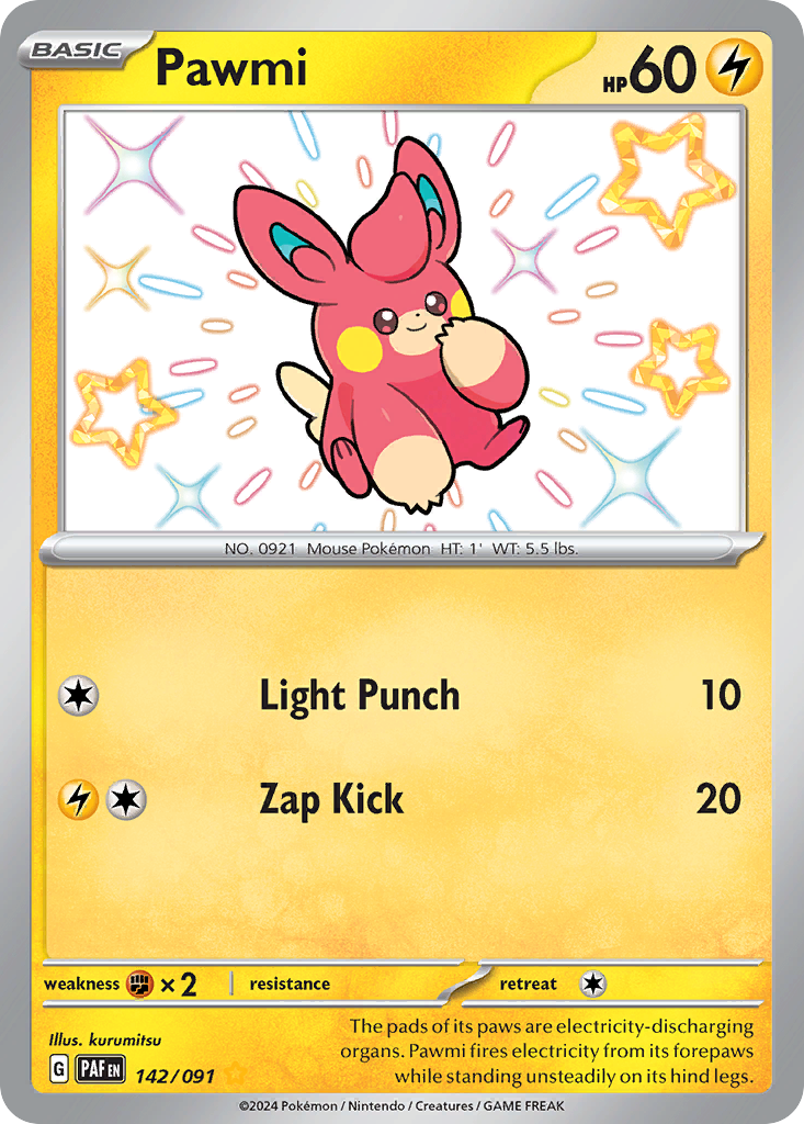 Pawmi 142/091 Shiny Rare Paldean Fates Pokemon Near Mint