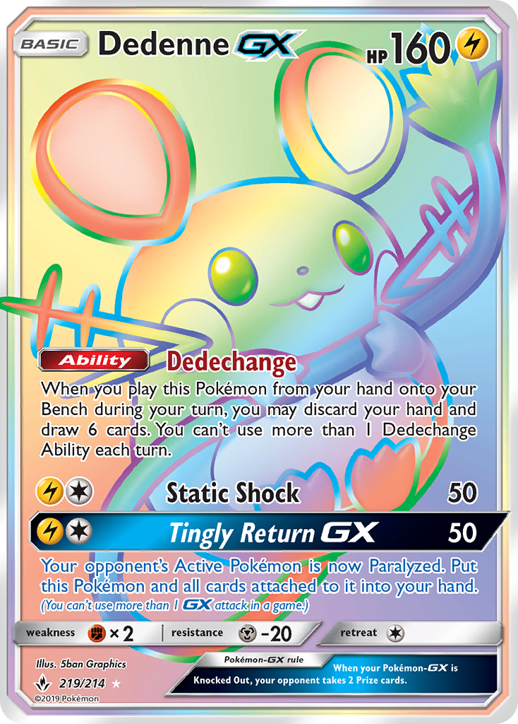 Dedenne GX 219/214 Rainbow Rare Unbroken Bonds Pokemon Holo Near Mint