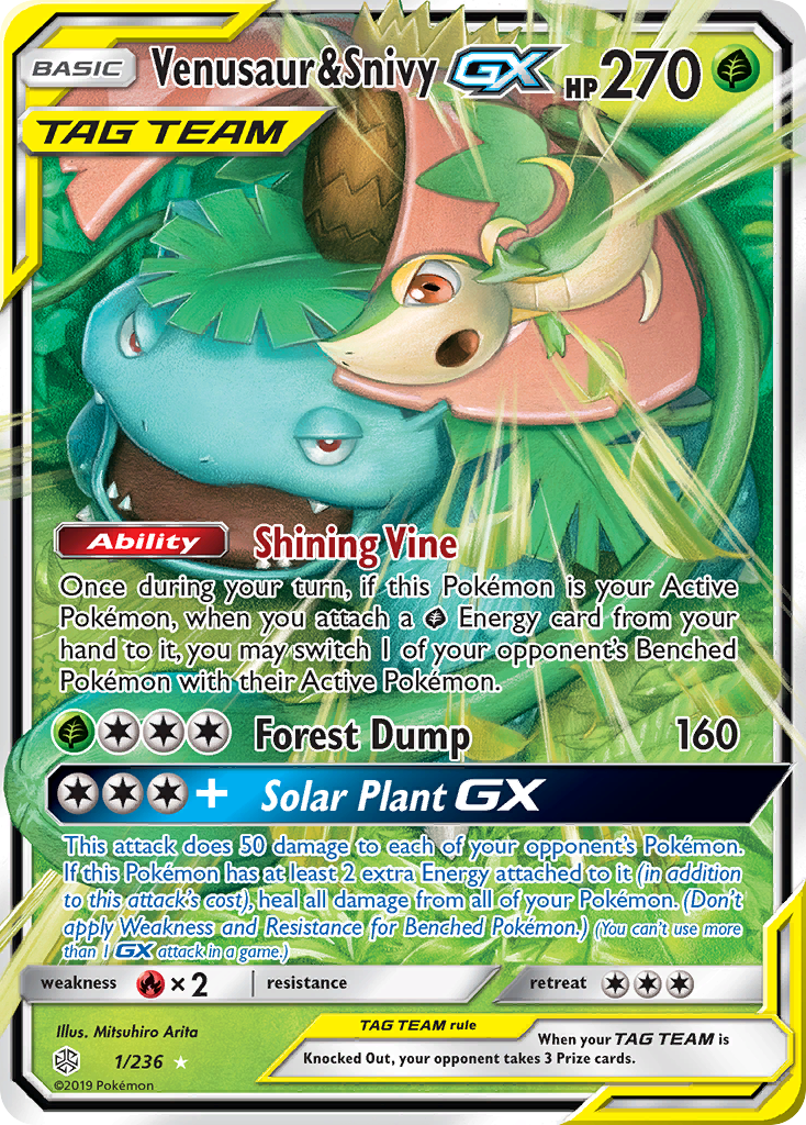 Venusaur & Snivy GX 1/236 Holo GX Rare Cosmic Eclipse Pokemon Near Mint
