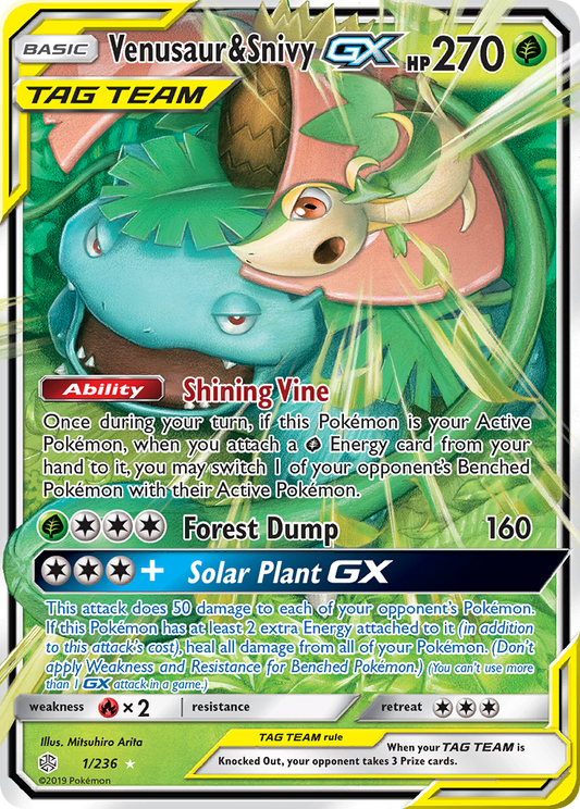 Venusaur & Snivy GX 1/236 Holo GX Rare Cosmic Eclipse Pokemon Near Mint