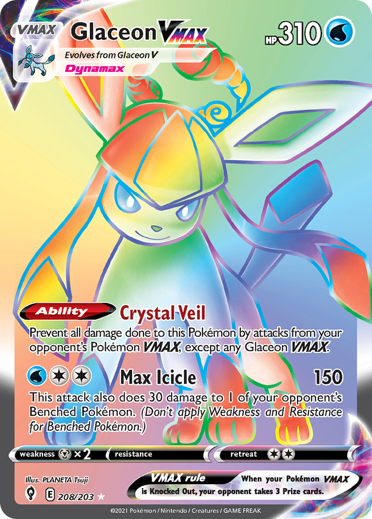 Glaceon VMAX 208/203 Rainbow Rare Evolving Skies Pokemon Holo Near Mint