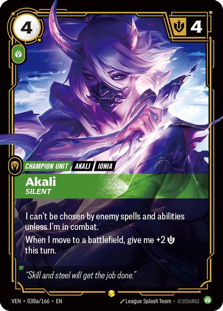 Akali, Silent (Alternate Art) 038A/166 Rare Vendetta Riftbound Foil Near Mint