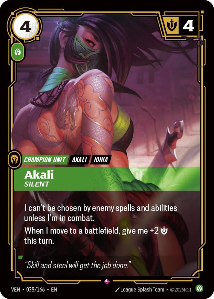 Akali, Silent 038/166 Rare Vendetta Riftbound Foil Near Mint