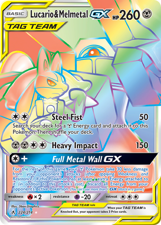 Lucario & Melmetal GX 224/214 Rainbow Rare Unbroken Bonds Pokemon Holo Near Mint