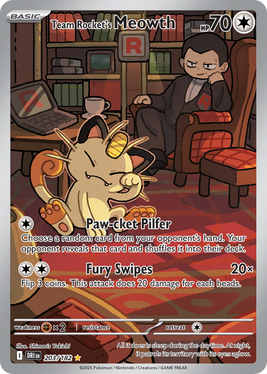 Team Rocket's Meowth 203/182 Illustration Rare Destined Rivals Pokemon Near Mint