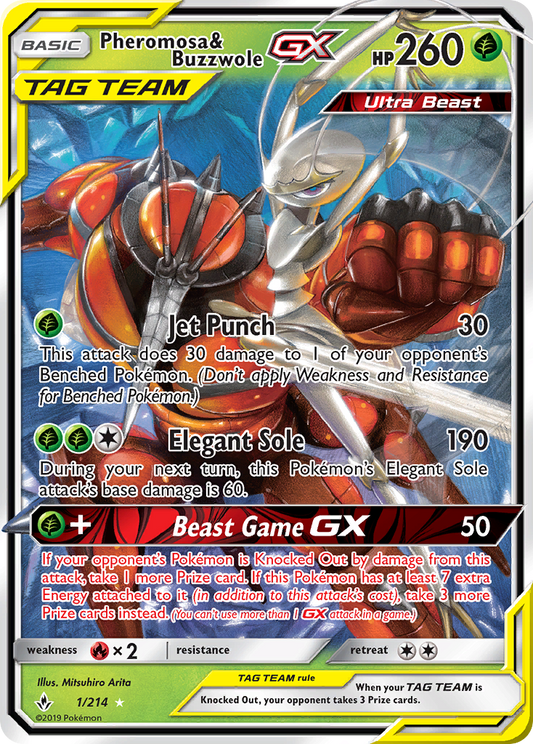 Pheromosa & Buzzwole GX 1/214 Holo GX Rare Unbroken Bonds Pokemon Holo Near Mint
