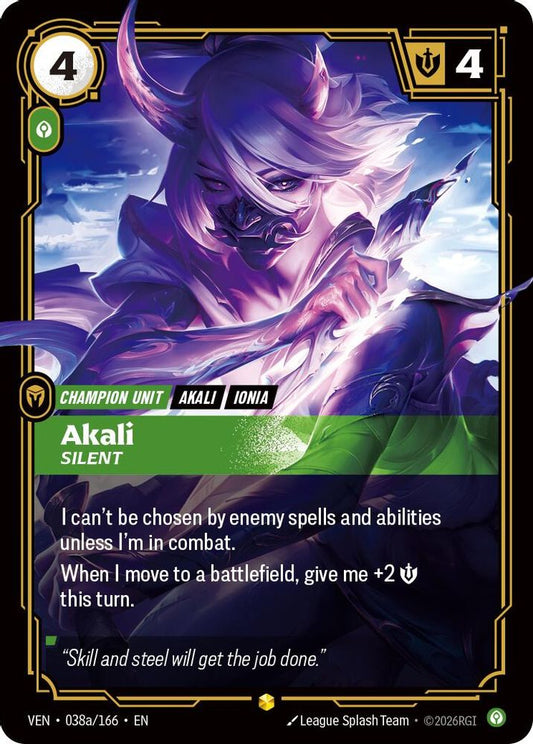 Akali, Silent (Alternate Art) 038A/166 Rare Vendetta Riftbound Foil Near Mint