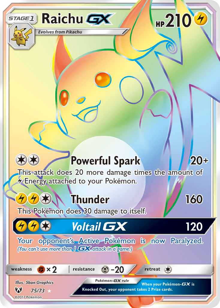 Raichu GX 75/73 Rainbow Rare Shining Legends Pokemon Holo Near Mint
